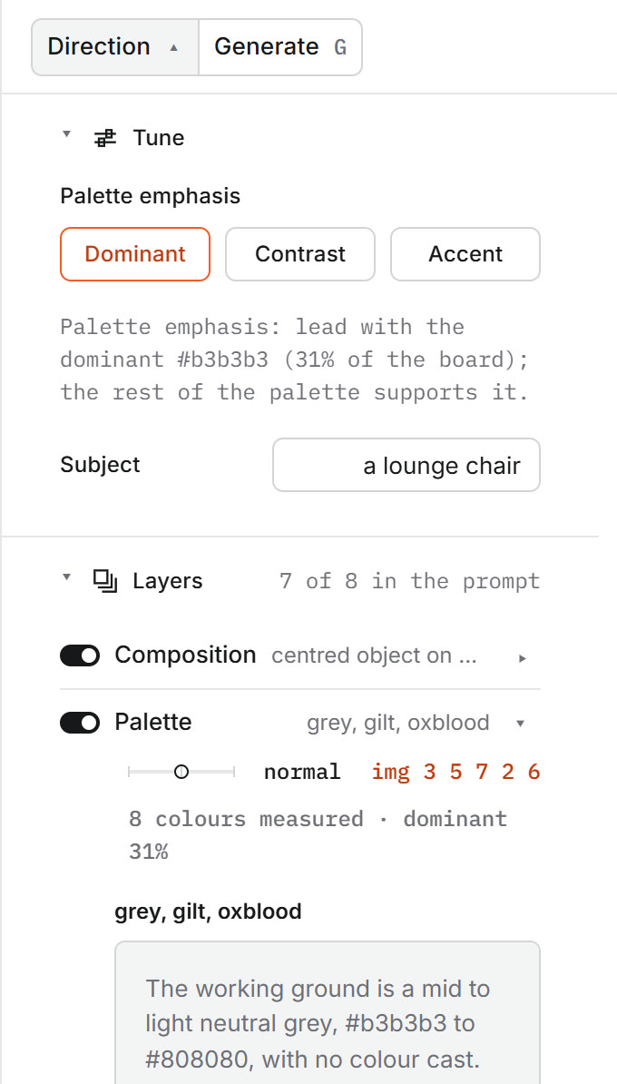 A real screenshot, cropped: the direction side of keyline. Direction and Generate at the top, then the palette emphasis and the subject, then the layers with their switches, Composition and Palette in view. Palette is open: its strength, the four references it was read from, the measured note, and the first of its words