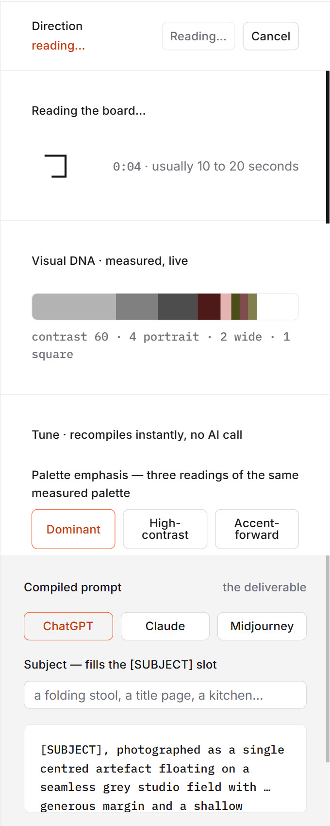 A real screenshot, cropped: the direction panel mid-read. The header says reading with a Cancel key, the mark-building loader ticks beside an elapsed counter, the measured palette and its eight hexes sit below, and skeleton rows hold the place of the eight readings to come