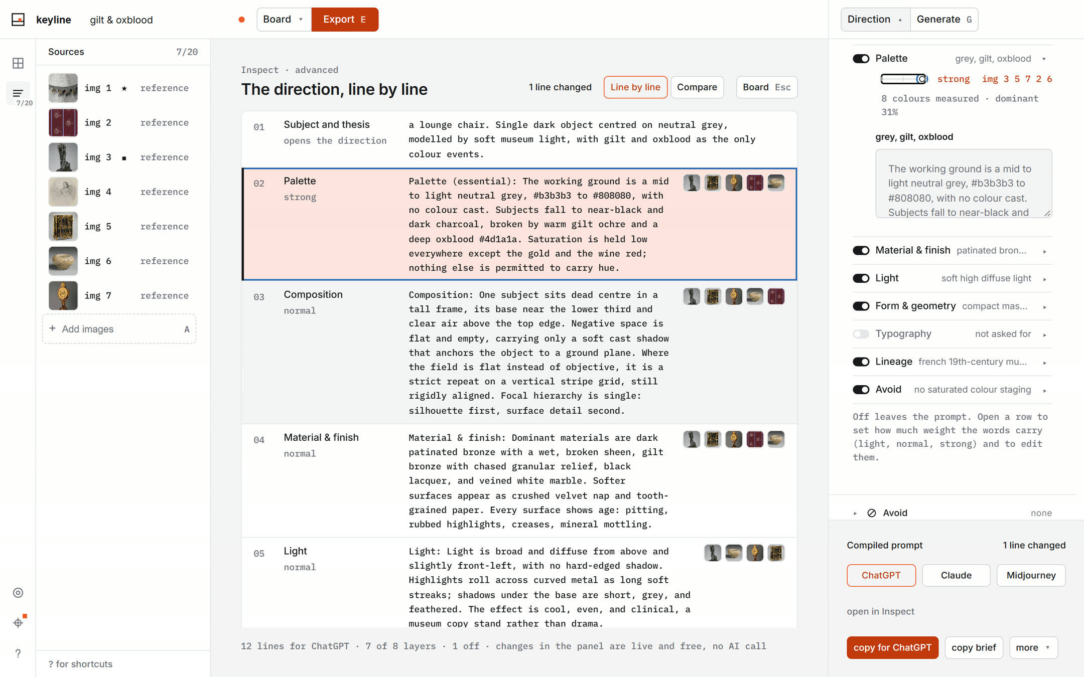A real screenshot: Inspect, line by line, on the gilt and oxblood board. Each row is one line of the prompt with the thing that wrote it. Layer rows add their strength and small thumbnails of the references they were read from. The Palette row has just been marked strong: it sits second, tinted, and the header says 1 line changed. The panel on the right shows the Palette layer open with its strength at strong