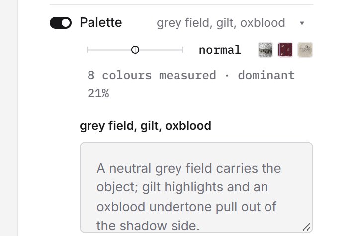 The Palette layer opened in keyline's Direction settings: its switch on, its strength slider at normal, small pictures of the three references it was read from, the note 8 colours measured, dominant 21%, and its words: A neutral grey field carries the object; gilt highlights and an oxblood undertone pull out of the shadow side.