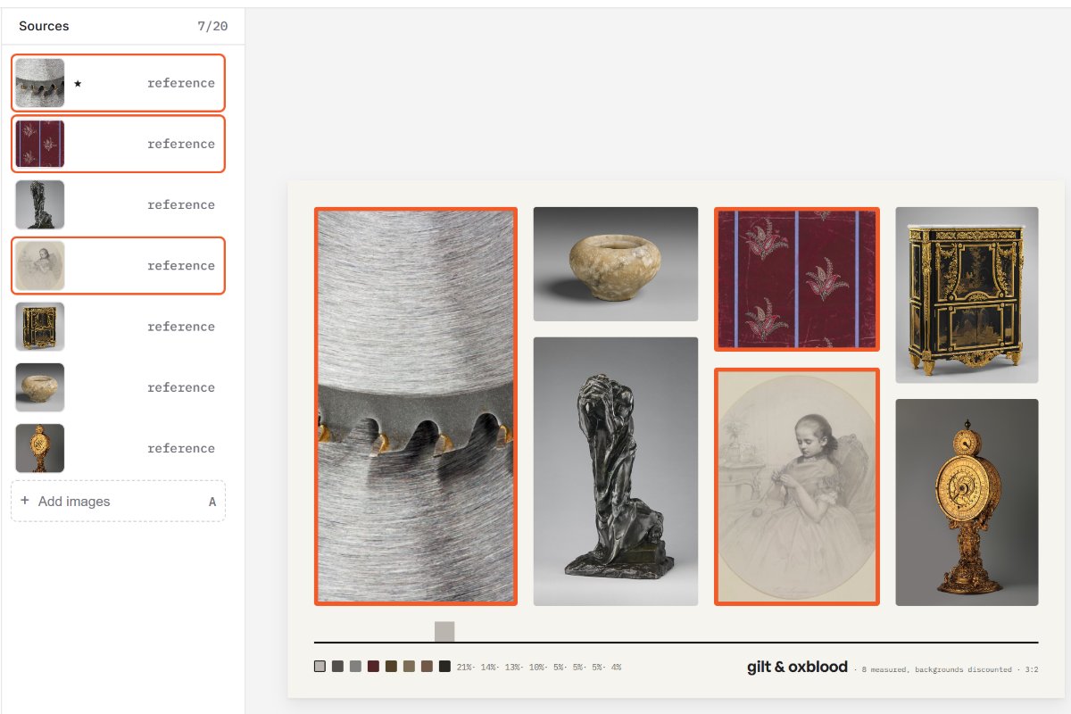 The Palette layer hovered in keyline: in the Sources list the three references it was read from are ringed in orange, and the same three pictures are outlined in orange on the board