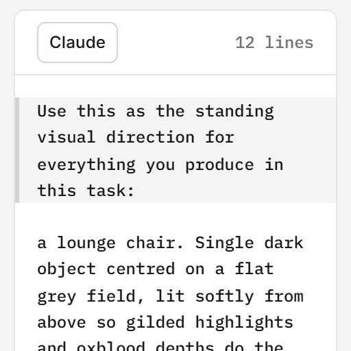 Inspect, Compare, the Claude column, 12 lines: the lead-in keyline adds for Claude is shaded, Use this as the standing visual direction for everything you produce in this task, then the direction as Claude receives it, beginning a lounge chair