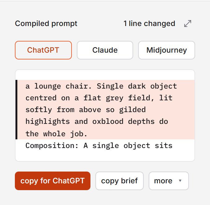 The prompt zone just after the subject was typed: the header says 1 line changed, and the first line of the prompt, now beginning a lounge chair, is tinted with a dark bar at its left