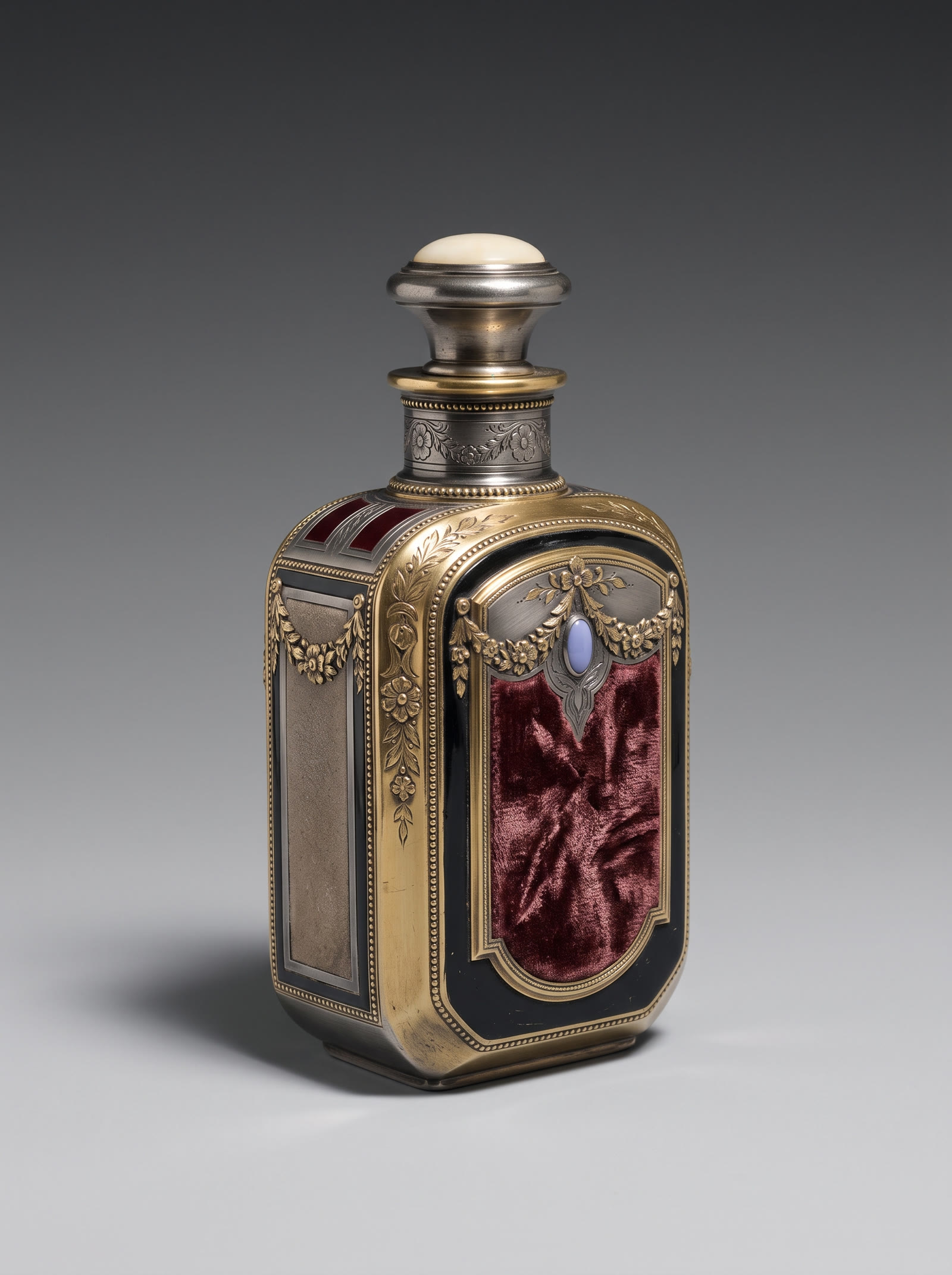 Nano Banana output for the subject a perfume bottle: a silver and gilt flask with an oxblood velvet panel, beading, an alabaster stopper and a periwinkle cabochon, on the same grey sweep